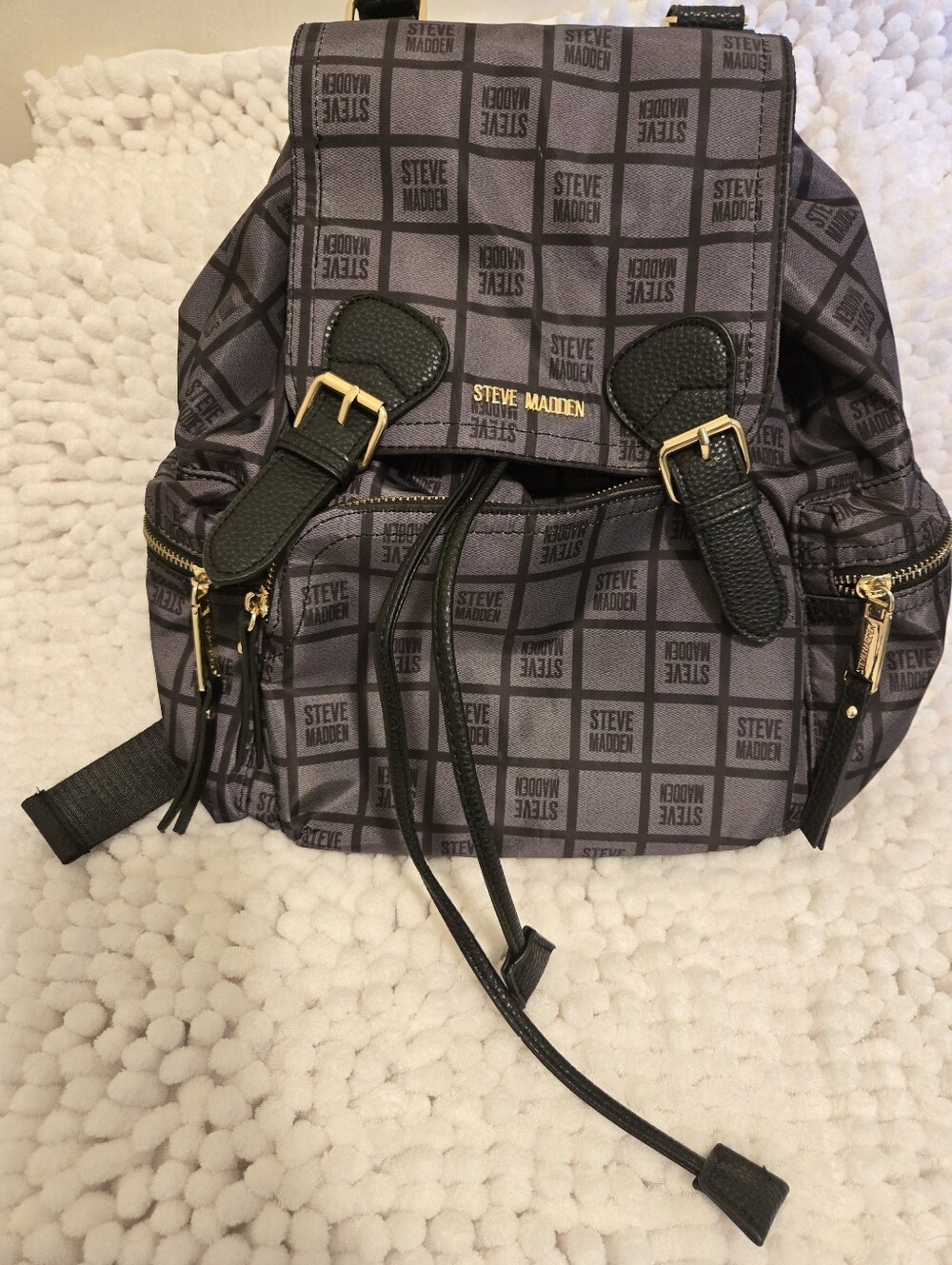 Steve Madden Gray and Black Monogram Drawstring Backpack